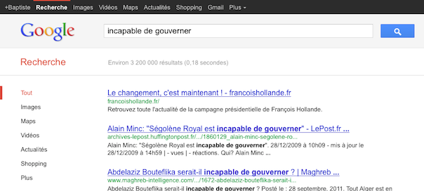 François Hollande : Google Bombing "INCAPABLE DE GOUVERNER" - WebLife