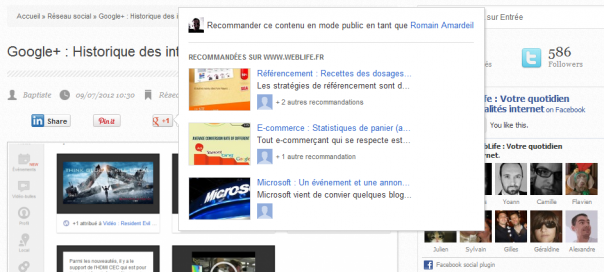 Google+ : Recommandations disponibles via le bouton +1