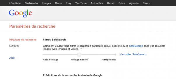 Google : Paramètres de recherche du compte sauvegardés