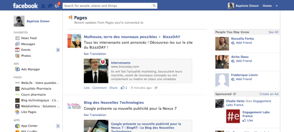 Facebook : Activités des Pages dans un flux dédié
