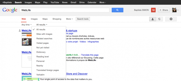 Google : Options de recherche en tête des résultats