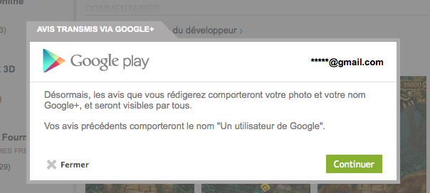 Google Play : Commentaires liés au compte Google+