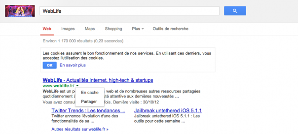 Google : Version en cache et partage depuis les SERPS