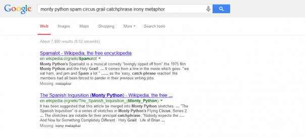 Google : « Termes manquants » des mots clés de recherche