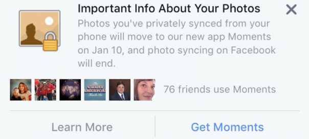 Facebook Moments imposé pour la synchro de photos