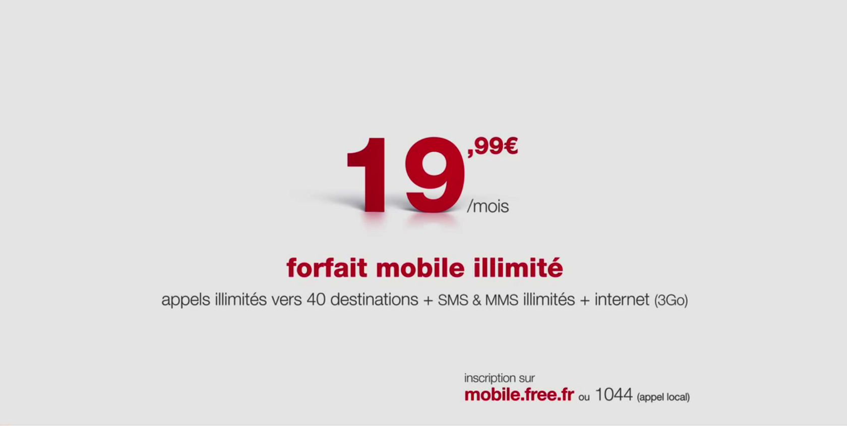 Free Mobile Publicité TV pour le forfait illimité à 19,99€ Life