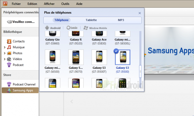 Référence Samsung Galaxy S III dans Kies