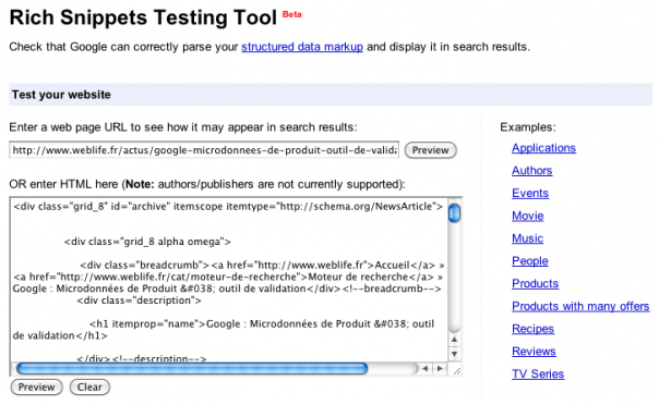 Google : Rich snippets testing tool