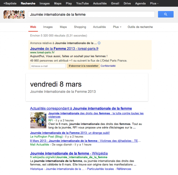 Google : SERPS de la journée internationale de la femme