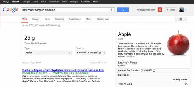 Google : Information nutritionnelle - Glucides d'une pomme