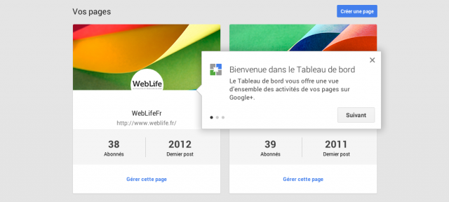 Google Plus : Tableau de bord