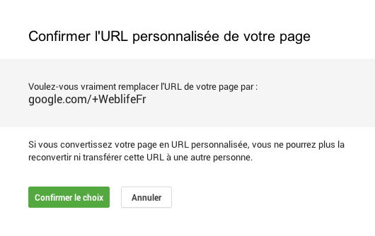 Google+ : URL personnalisée - Confirmation