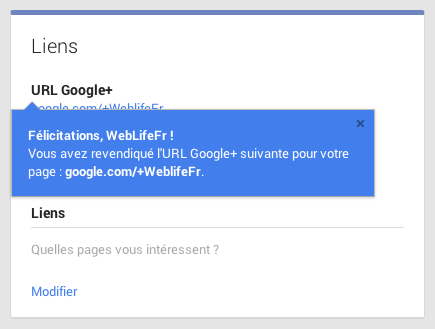 Google+ : URL personnalisée - Message