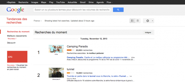 Google : Tendances - Recherches du moment
