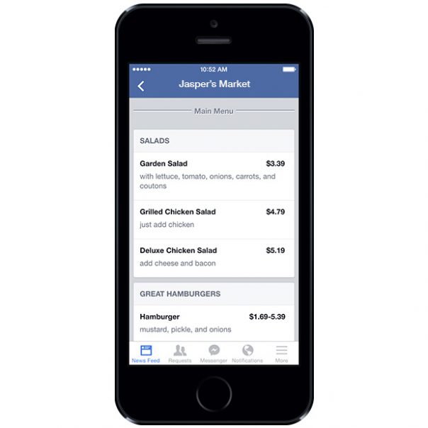 Facebook : Menu sur la Page restaurant