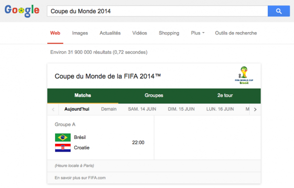 Google : Coupe du Monde de Foot 2014 - Programmation