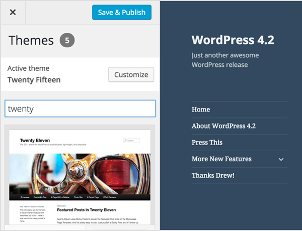 WordPress 4.2 : Thème - Activation via l'outil de personnalisation