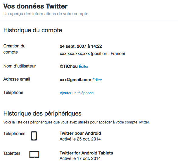 Twitter : Historique de compte et périphériques