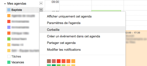 Google Agenda : Corbeille