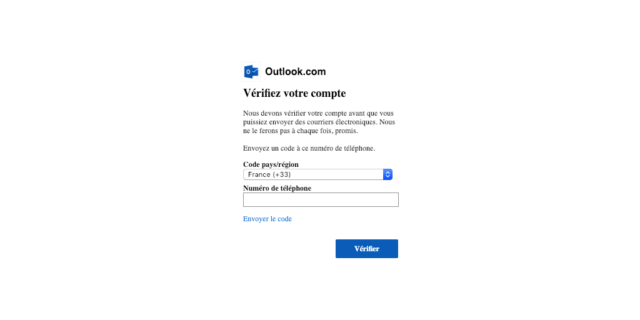 Outlook/Hotmail : « Vérifiez votre compte » via votre numéro de téléphone