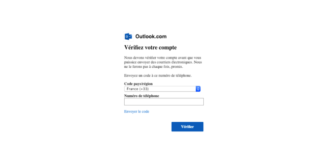 Outlook : Vérification de compte via numéro de téléphone