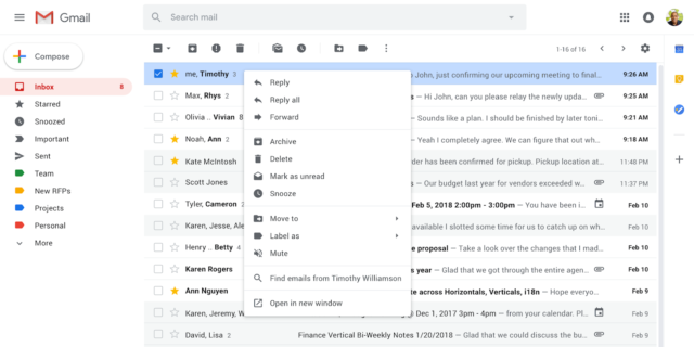 Gmail : Menu contextuel via le clic droit de la souris