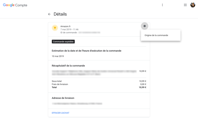 Compte Google : Détails d'un achat