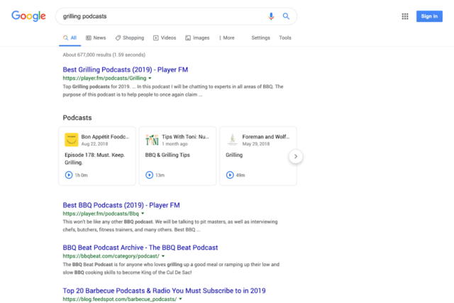 Google : Podcasts - Page de résultats de recherche